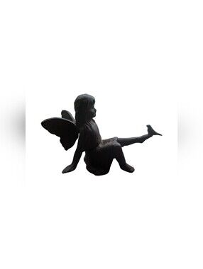 Fairy Figurine with Bird Sitting Angel Cherub Garden Statue Rustic Cast Iron